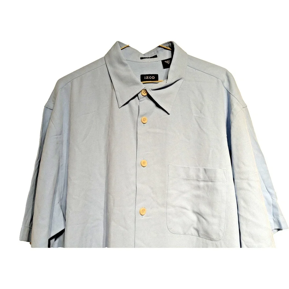 IZOD Shirt Men XL Light Blue 100% Silk Short Sleeve Button Washable Pocket‎ NWT - Picture 2 of 14